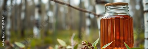 Collecting birch sap in a glass jar with a shallow depth of field, spring, rustic photo