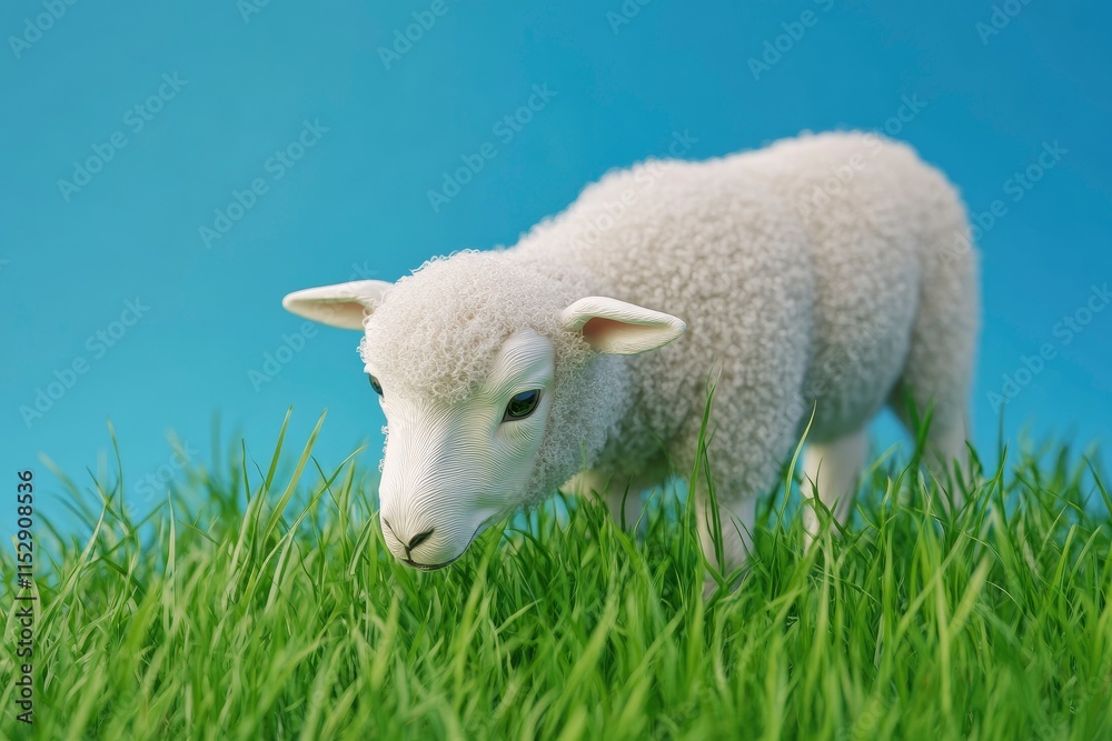 3D Rendering Young white sheep eating green grass on the field. Blue Background. Eid Adha Concept 