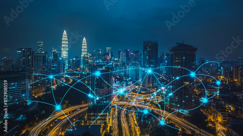 Wallpaper Mural Abstract businesswoman stands on the peak of success Smart digital city with connection cyber security network reciprocity over the cityscape future wireless digital city and social media networking Torontodigital.ca