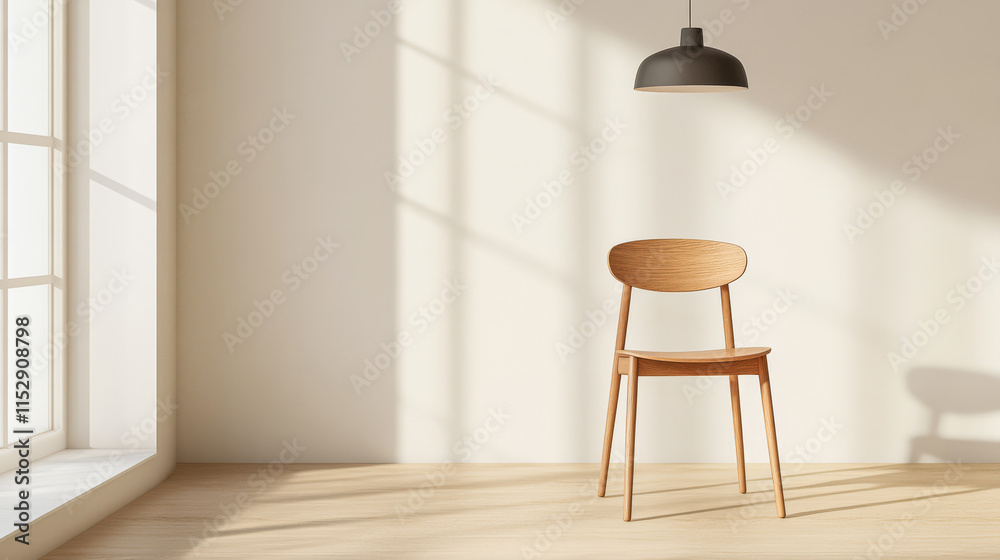 Simple wooden chair in a sunlit room with bright natural light and shadows Simple wooden chair in a sunlit room with bright natural light and shadows