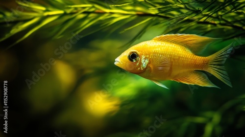 Vibrant Yellow Fish Swimming Among Lush Green Aquatic Plants in a Serene Underwater Environment Illuminated by Soft Natural Light