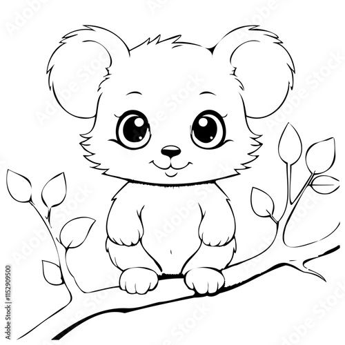 Cute Koala sitting on tree branch vector line drawing ideal for children coloring book adorable happy animal. This coloring page is ideal for children coloring book aged 1-3