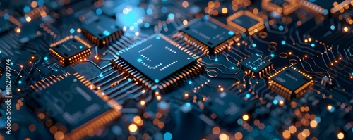Digital tecnology background processor with orange glowing light