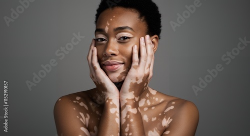 A woman with vitiligo poses gracefully, showcasing her unique beauty and confidence.