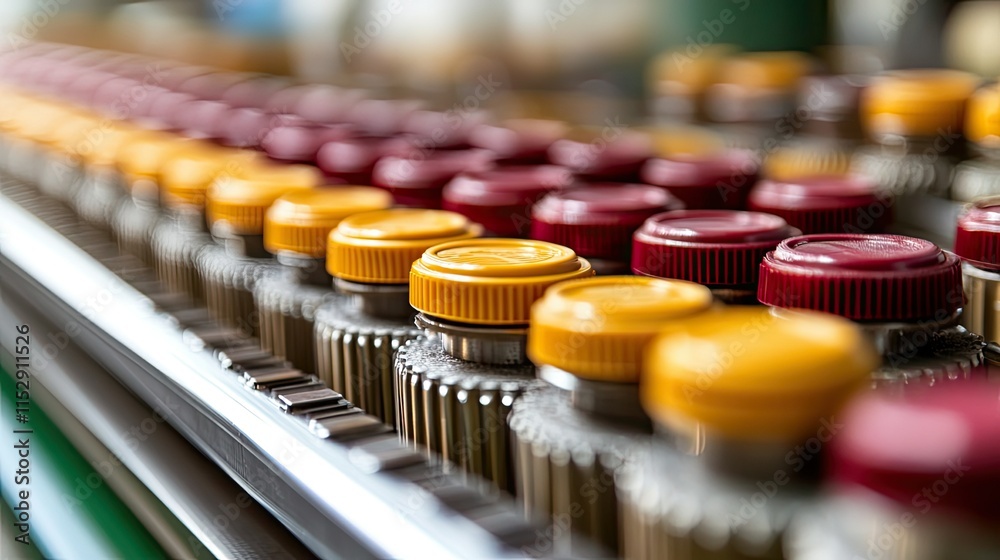 Close-up of numerous yellow and red capped containers on a metal conveyor belt in a factory. Close-up of numerous yellow and red capped containers on a metal conveyor belt in a factory.