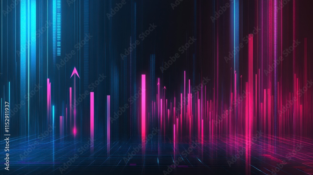 Abstract neon light streaks and rising bars, digital financial growth concept. Abstract neon light streaks and rising bars, digital financial growth concept.