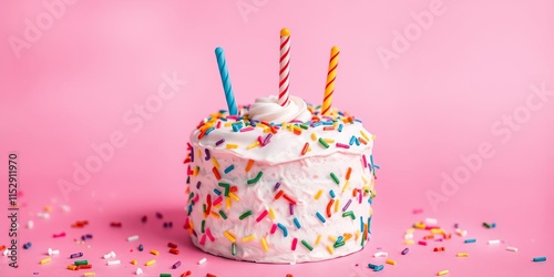 Colorful sprinkles in various shapes and sizes scattered over a bright pink background, perfect for cake and bakery decorations, decoration, pink background photo