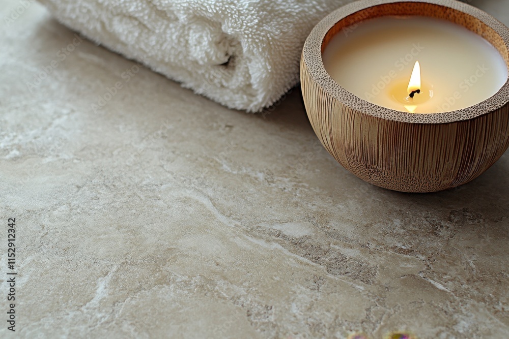 Relaxing spa experience with bamboo towel and candle on stone surface tranquil setting lifestyle focus serenity concept Relaxing spa experience with bamboo towel and candle on stone surface tranquil setting lifestyle focus serenity concept
