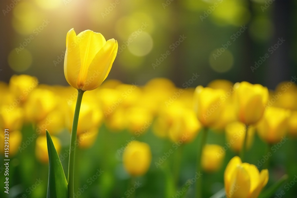 Tall yellow tulips bloom in the morning light on wood, morning, light Tall yellow tulips bloom in the morning light on wood, morning, light
