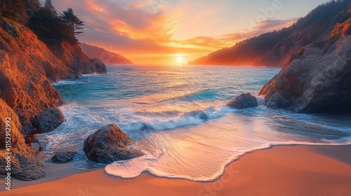 A breathtaking coastal scene at golden hour, a dramatic rocky beach with layered sedimentary cliffs in the background. intricate rock formations create natural waterfalls as waves crash against them.