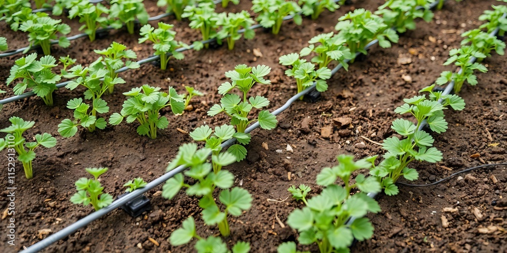 Coriander plant thriving in organic garden with drip irrigation, sustainability, agriculture, growth, farm, cultivate