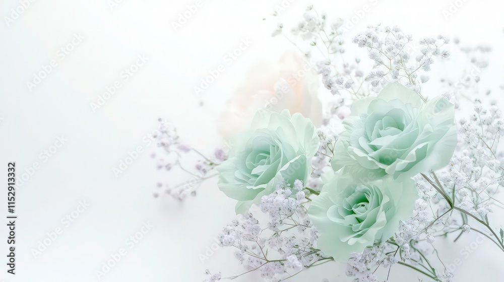 Fototapeta premium Three pale mint green roses accented by delicate white filler flowers offer excellent copy space for sophisticated branding and promotion.