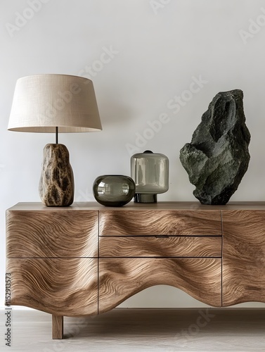 Modern wooden sideboard with sculptural design and artistic decor