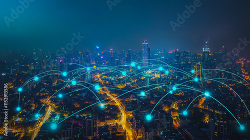 Wallpaper Mural Abstract businesswoman stands on the peak of success Smart digital city with connection cyber security network reciprocity over the cityscape future wireless digital city and social media networking Torontodigital.ca