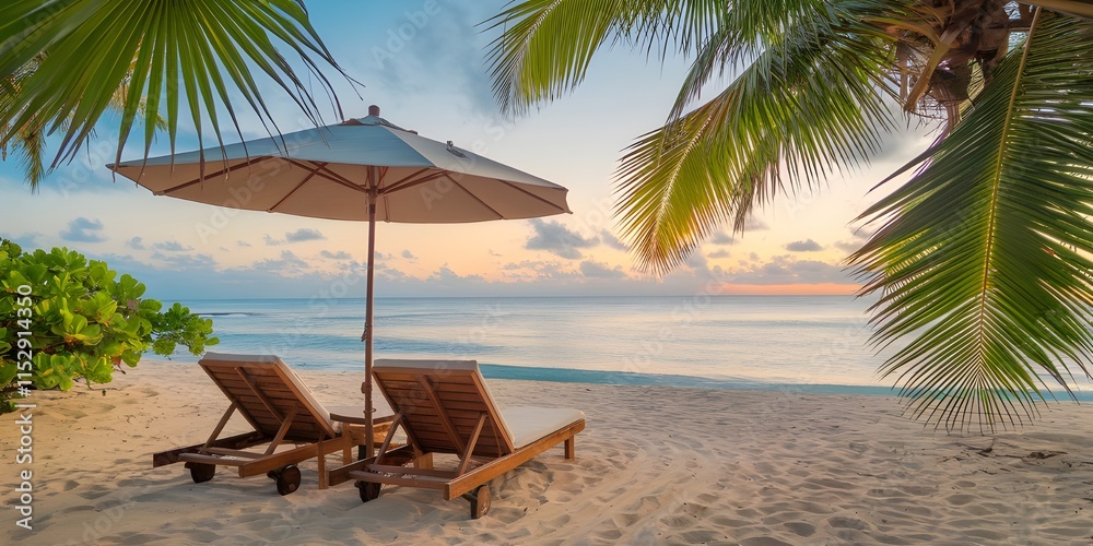 Obraz premium Tropical Beach Scene with Chairs, Umbrella, and Palm Trees at Sunset