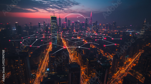 Wallpaper Mural Abstract businesswoman stands on the peak of success Smart digital city with connection cyber security network reciprocity over the cityscape future wireless digital city and social media networking Torontodigital.ca