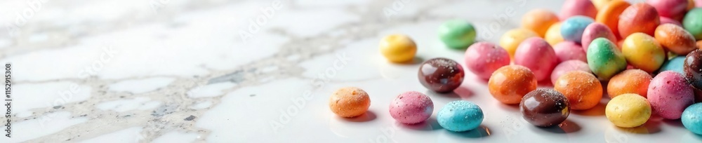 White marble surface with colorful chocolate rock candy balls, colorful, rock candy White marble surface with colorful chocolate rock candy balls, colorful, rock candy