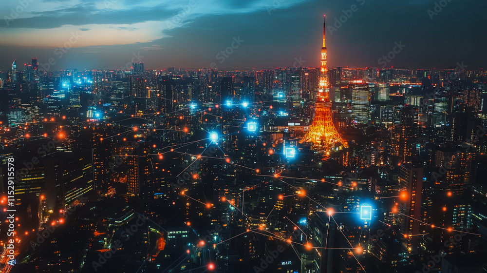Fototapeta premium Abstract businesswoman stands on the peak of success Smart digital city with connection cyber security network reciprocity over the cityscape future wireless digital city and social media networking