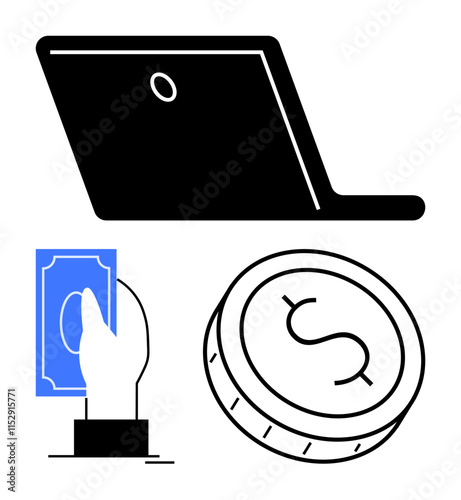 Laptop icon, hand holding cash, and coin represent digital payment methods and online transactions. Ideal for e-commerce, finance apps, digital banking, budgeting tools, online shopping, fintech