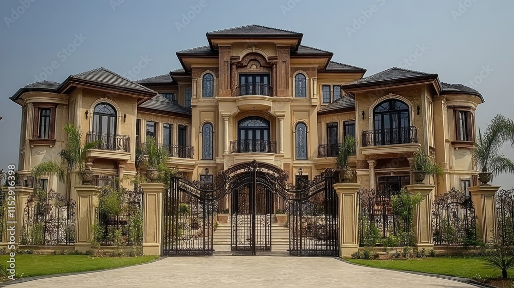 Fototapeta premium Grand mansion with ornate details, gated entrance, and manicured lawn.