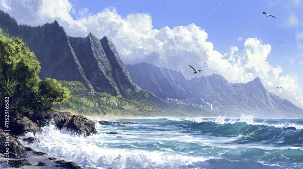 Fototapeta premium Soaring Birds Over Scenic Coastal Ecosystem