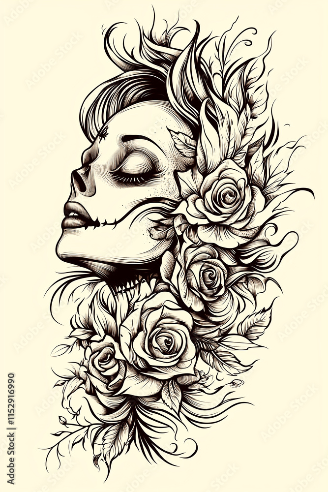 Fototapeta premium A woman's face with a skull on it and roses surrounding it. The skull is drawn in black and the roses are drawn in red. Scene is dark and mysterious
