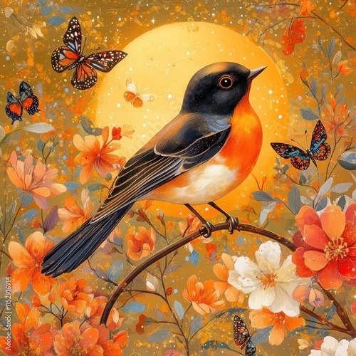 A vibrant bird perched on a branch amidst autumnal blossoms and butterflies under a warm moonlit sky. photo