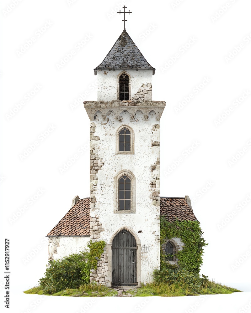 A charming, weathered church building featuring a stone tower, cross on top, and lush greenery around the base on a white isolated background. A charming, weathered church building featuring a stone tower, cross on top, and lush greenery around the base on a white isolated background.
