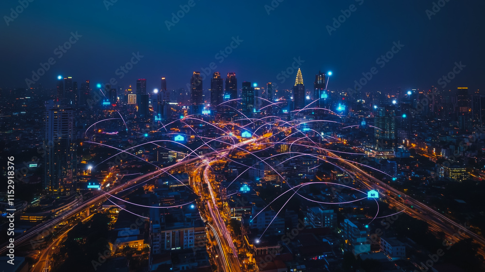 Obraz premium Abstract businesswoman stands on the peak of success Smart digital city with connection cyber security network reciprocity over the cityscape future wireless digital city and social media networking