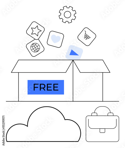 Open box labeled Free with app icons for a star, globe, heart, video play, shopping cart, gear, cloud, and briefcase. Ideal for technology internet services cloud storage online shopping business