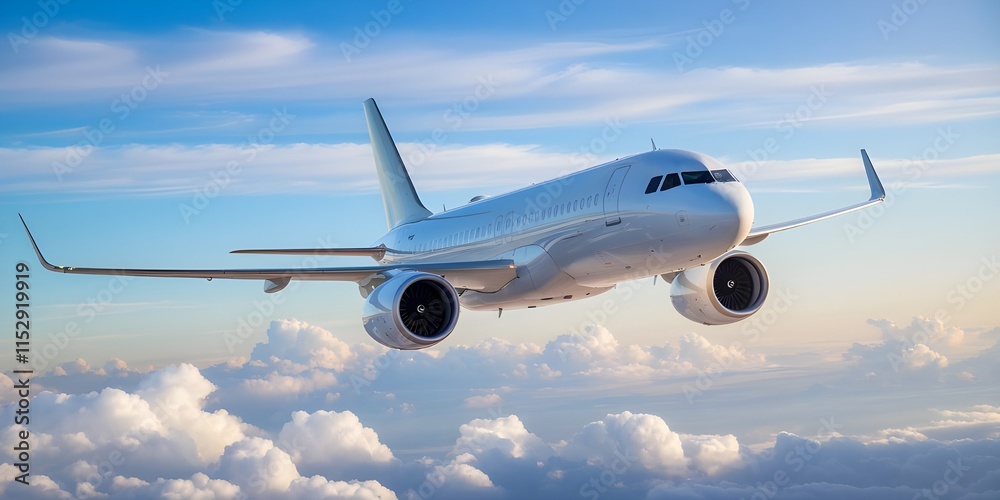 Obraz premium Modern Jetliner Flying Above Clouds Under a Clear Blue Sky