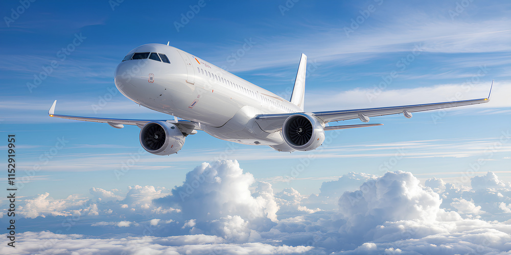 Obraz premium Modern Jetliner Flying Above Clouds Under a Clear Blue Sky