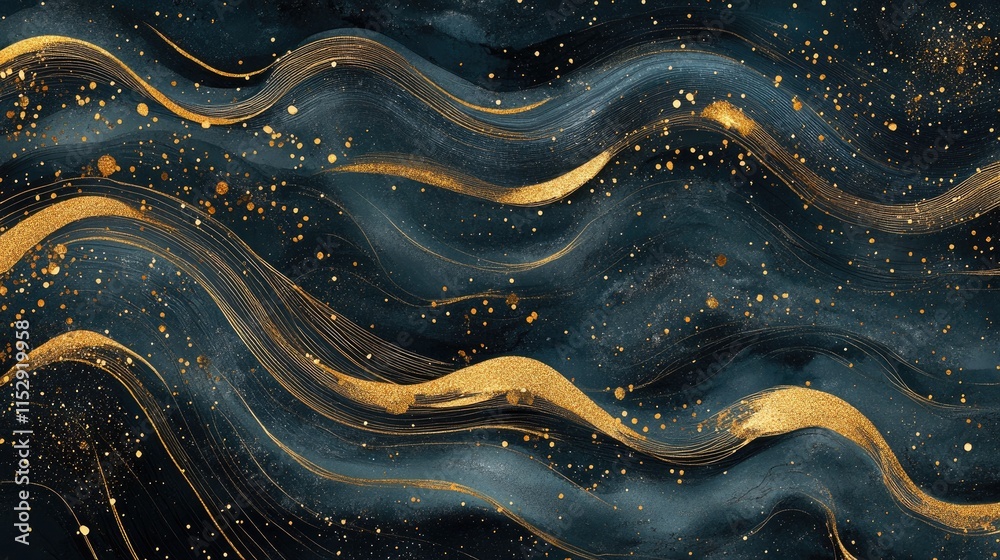 Abstract Dark Blue Background with Gold Waves and Glitter Elements Abstract Dark Blue Background with Gold Waves and Glitter Elements
