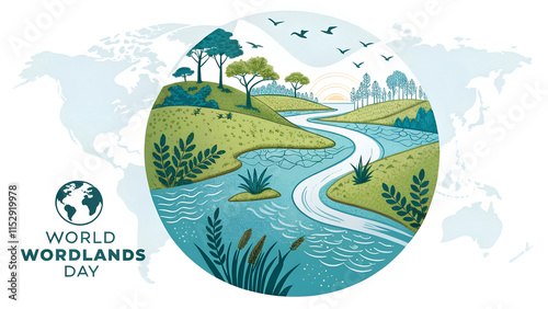 orld Wetlands Day, stylized illustration, wetland landscape, winding river, lily pads, green grass, blue water, lush vegetation, minimalist design, flat colors, nature conservation theme, environmenta photo