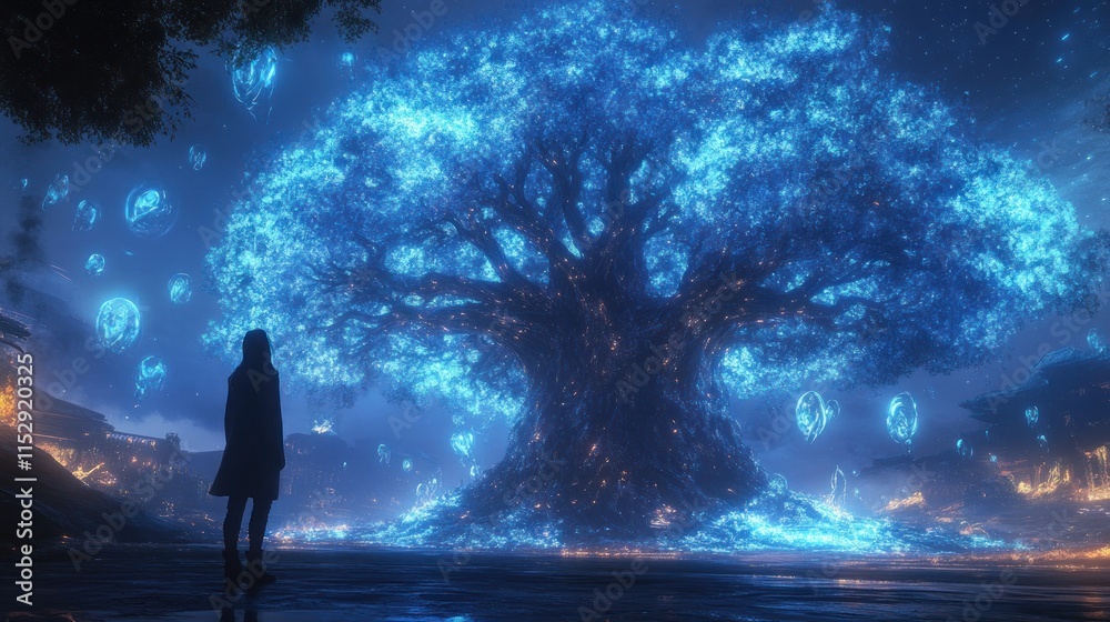 Fototapeta premium A mystical blue tree illuminates a serene night, with a figure gazing in wonder.