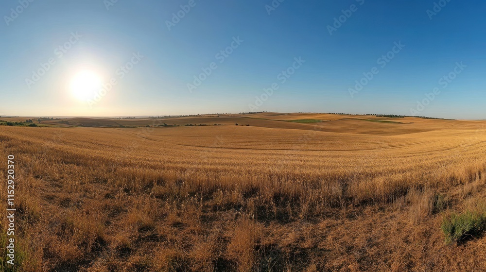 Obraz premium A panoramic view of golden fields under a clear blue sky with a bright sun.