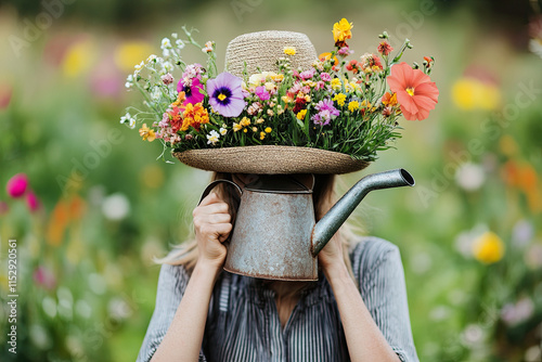 A gardener with flowers growing out of their hat, holding a watering can shaped like a teapot photo