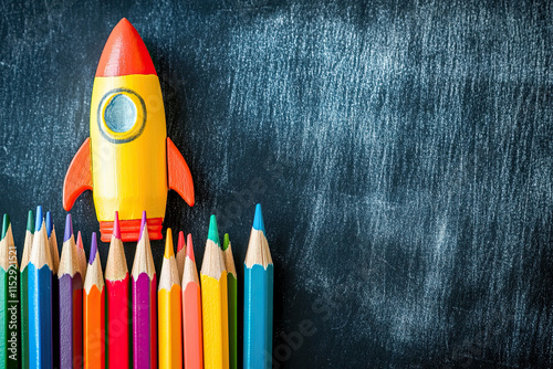 Back to school concept with rocket made from pencils on chalkboard background photo