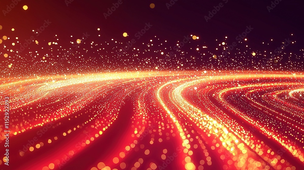 Red background, golden light streaks, glowing lines, luminous path, glowing particles and a red trai Red background, golden light streaks, glowing lines, luminous path, glowing particles and a red trai