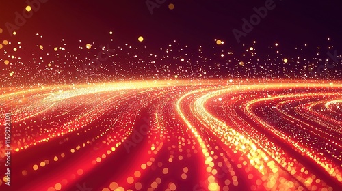 Red background, golden light streaks, glowing lines, luminous path, glowing particles and a red trai photo