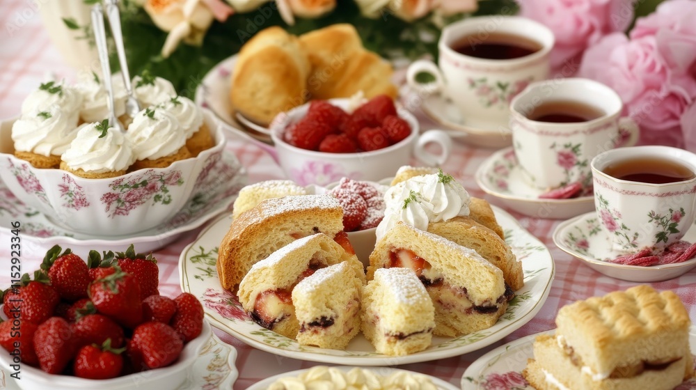 Elegant afternoon tea setting with pastries, cakes, strawberries, and teacups.