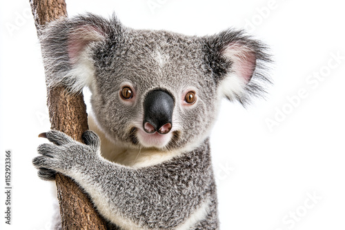 Koala with a curious expression, holding onto an imaginary tree on a white background photo