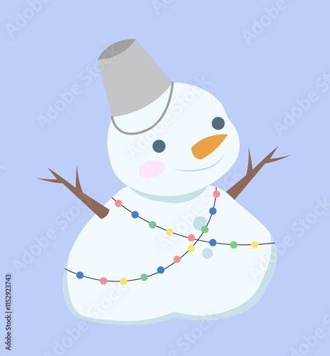 Cute snowman in hat. Man from snowballs in bucket on head. Cold season, New Year and Christmas, Noel Eve. December or January. Brochure or booklet. Flat vector illustration