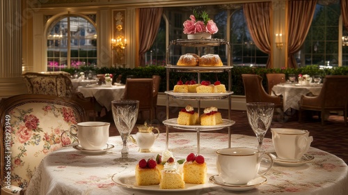 Wallpaper Mural Elegant afternoon tea setting with pastries, teacups, and silverware in a luxurious dining room. Torontodigital.ca