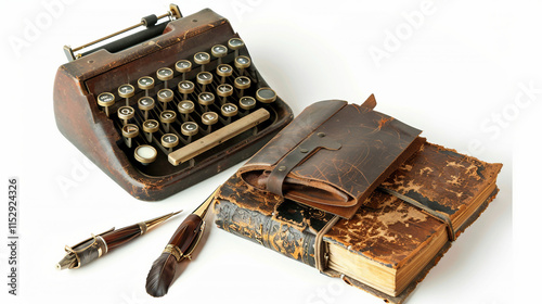 Antique Adding Machine with Leather Journal on white background.PNG