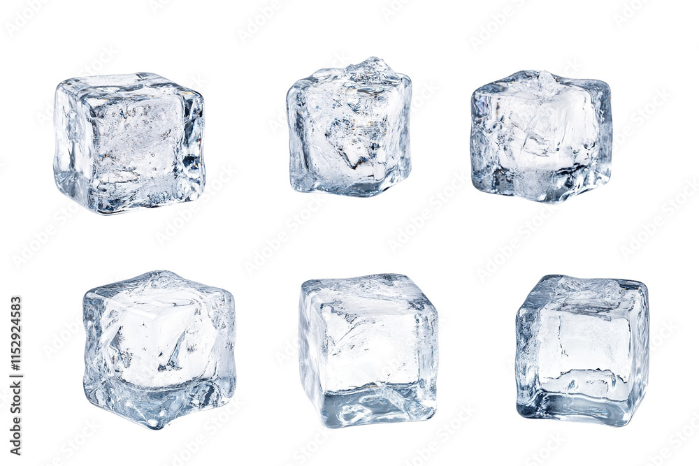 Six Clear Ice Cubes on Transparent Background