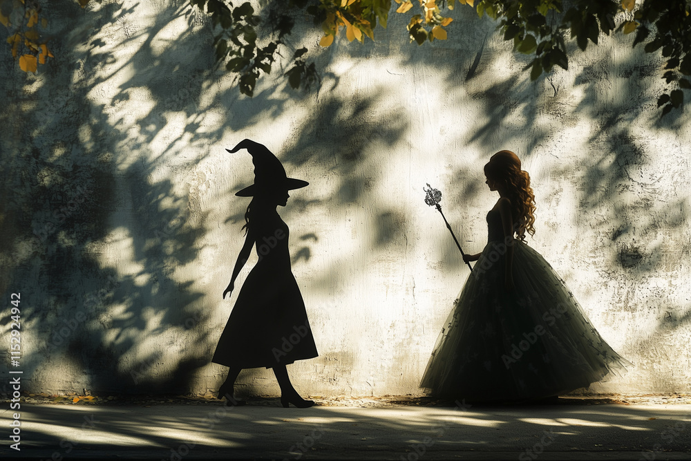 Silhouette against a leafy wall of a witch looking at a girl in a princess dress holding a wand. Silhouette against a leafy wall of a witch looking at a girl in a princess dress holding a wand.
