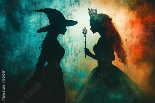 Silhouette of a witch with a staff facing off against a princess with a wand. photo