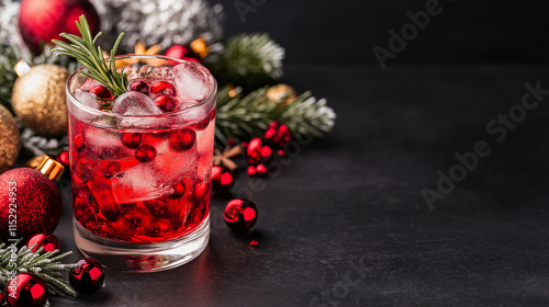 Festive Cranberry Cocktail: A refreshing cranberry cocktail with ice and rosemary garnished, set against a backdrop of festive Christmas ornaments and pine branches.  