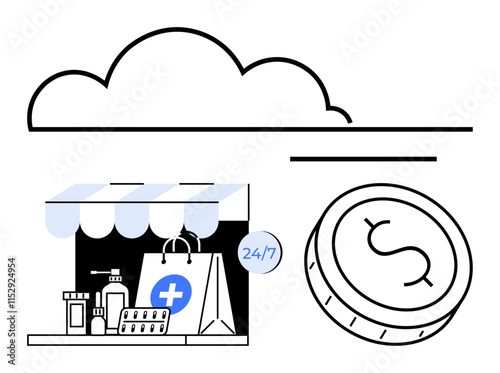 Medical products in front of a shop awning, a shopping bag with a medical cross, 247 sign, US dollar coin, cloud. Ideal for online shopping, healthcare, digital transactions, e-commerce